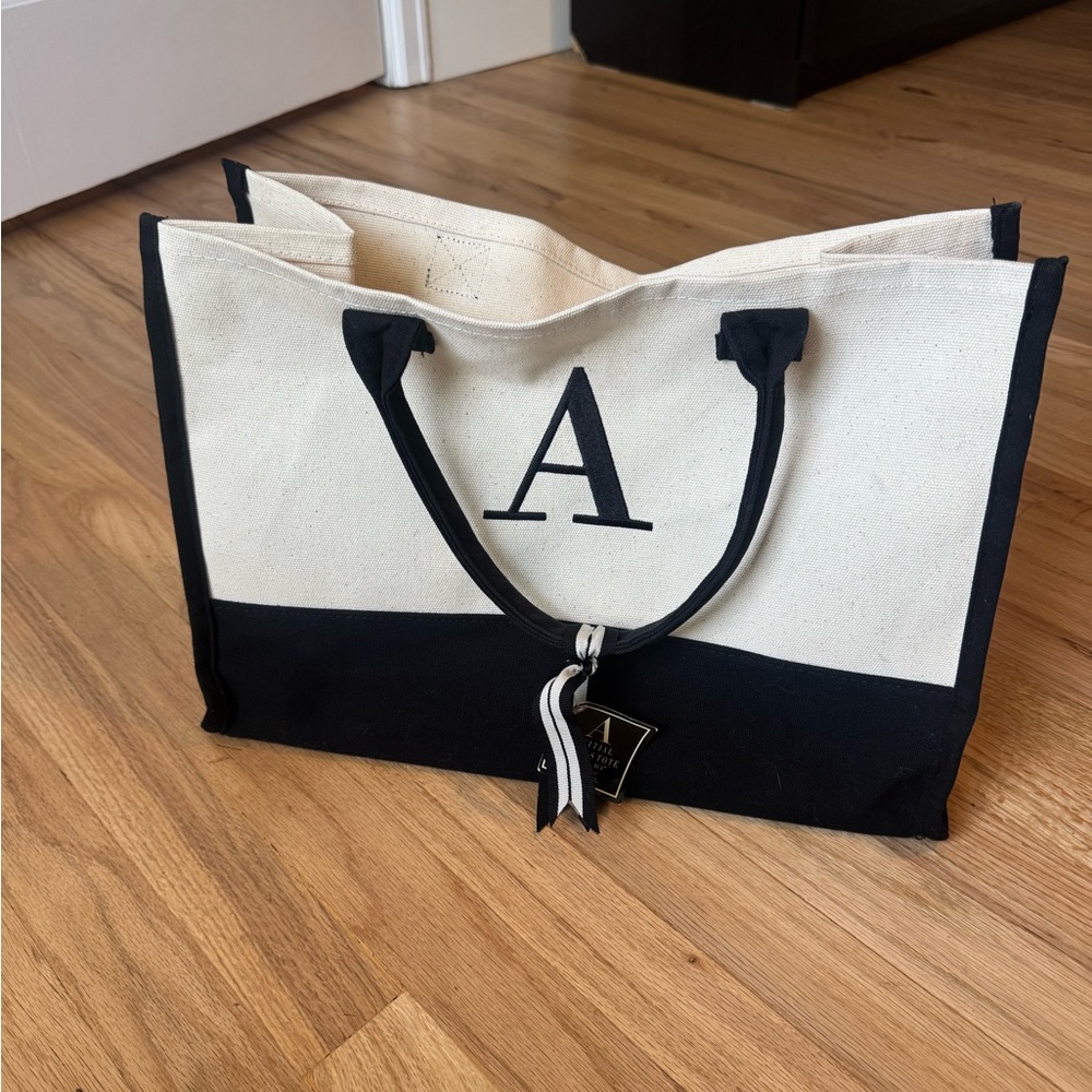 Black and Cream Canvas Tote Bag with A Initial